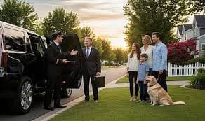 Professional chauffeur welcoming passengers at a private jet with a luxury black Mercedes sedan – USA Luxury Limo Service Houston airport transfer